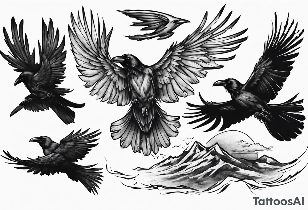 raven flying toward foreground tattoo idea