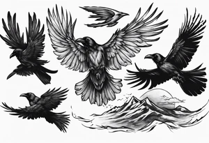 raven flying toward foreground tattoo idea