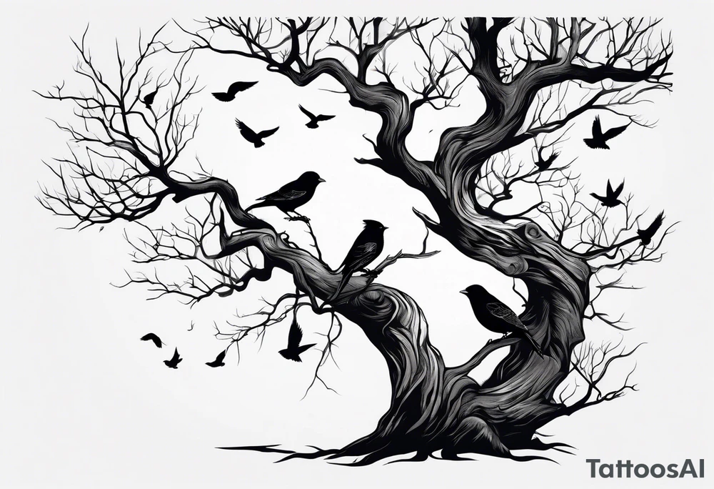 branch of a dead tree with shadows of birds tattoo idea