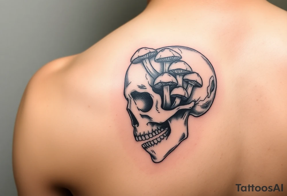 right side of a skull with lots of mushrooms growing out of its eyes tattoo idea