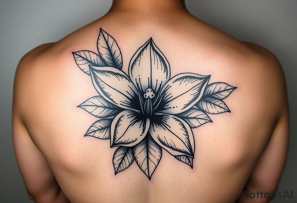 Beautiful, feminine, complex, detailed shading and cohesive mixture of the following: sampugita flower, anahaw (Livistona rotundifolia), ylang ylang tattoo idea