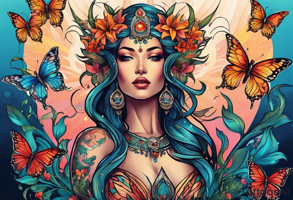 Forward-facing, portrait full length of creation goddess standing upright.  Butterflies. Lillies at feet. Arms raised and hands cupped towards sky. tattoo idea