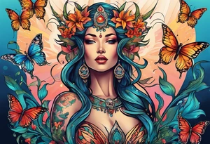 Forward-facing, portrait full length of creation goddess standing upright.  Butterflies. Lillies at feet. Arms raised and hands cupped towards sky. tattoo idea