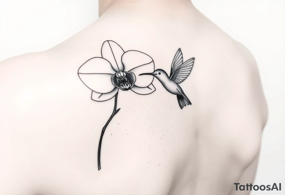 A delicate, black and white fine-line tattoo for make, featuring a gracefully detailed orchid in full bloom (stem and at least 2 flowers), with soft, intricate petals and elegant curves. Beside it, a hummingbird hovers mid-flight, its wings drawn with subtle motion lines, its slender beak reaching toward the orchid’s center to drink its nectar. The design captures a sense of balance and harmony, with the contrast between the stillness of the flower and the gentle energy of the bird. Perfectly suited for the upper arm, this piece combines nature’s beauty and movement in a timeless, minimalist style tattoo idea