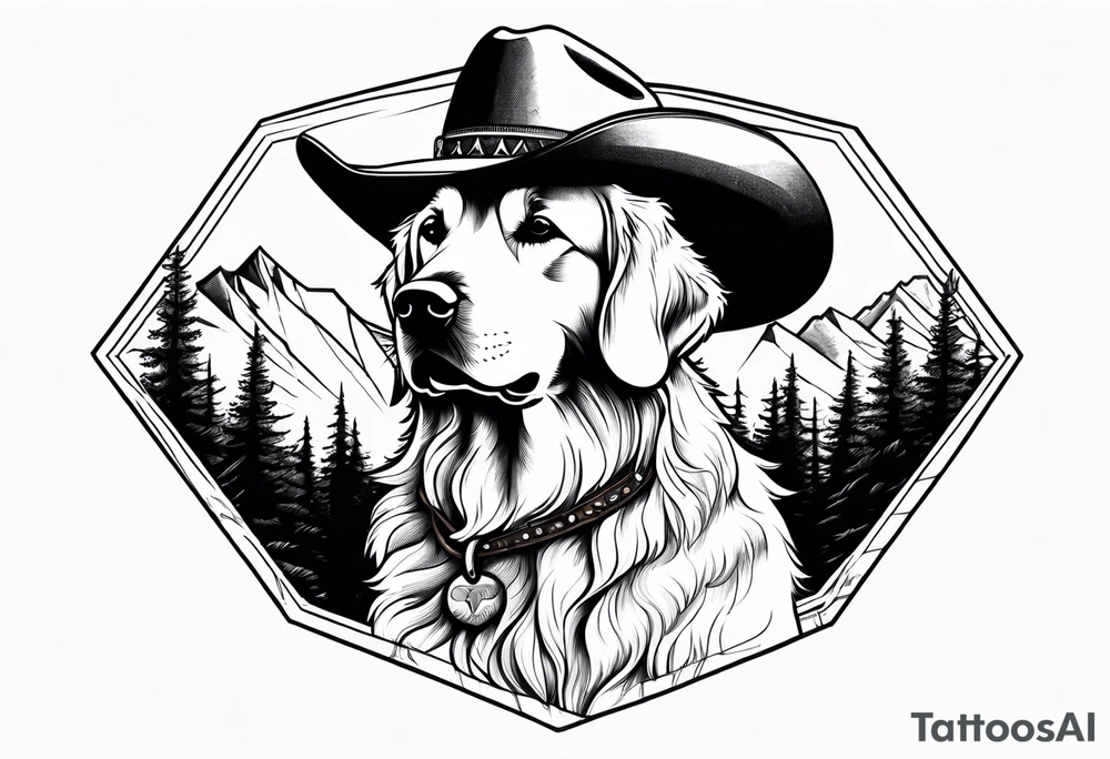 golden retriever mountain cowboy tattoo idea