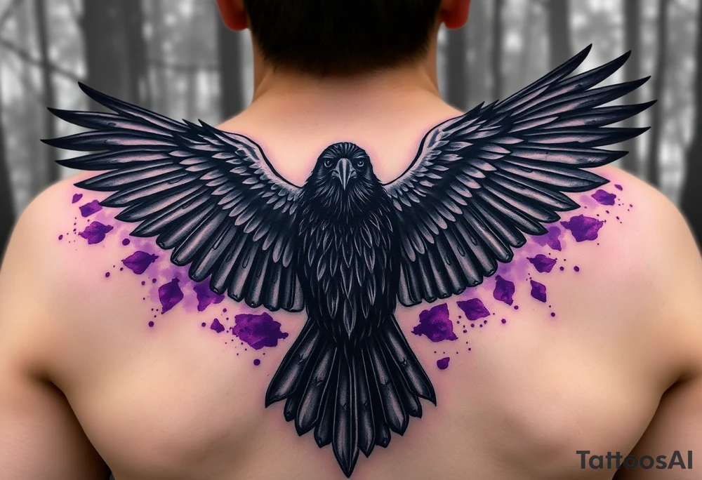 A arm sleeve for ladies with a raven with open wings up, in a misty forest, purple shade watercolours coming from the wings, ethereal and vivid, Celtic/Viking symbols or marks with cursive romantic words tattoo idea