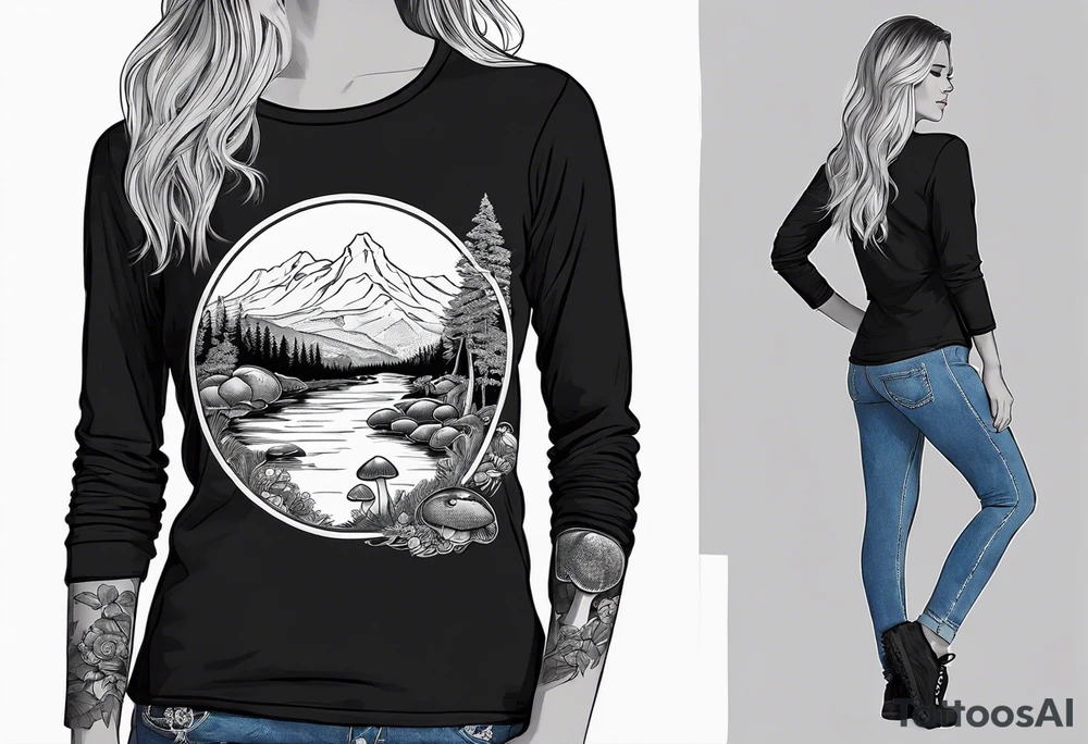 Whole picture encircled fully

Straight long blonde hair hippie girl in distance holding mushrooms in hand facing away toward mountains and creek surrounded by mushrooms long sleeve shirt and hiking pants; whole rendering within a full circle, no cut off circle tattoo idea