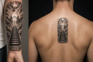 Stairway to heaven, with clouds surrounding the stairs, and the gate being at the top. A date, below the stairs, in Roman numerals 21.02.1942. The tattoo is going on the forearm, but the outside part. Also, it should be realistic, and through the whole forearm. tattoo idea