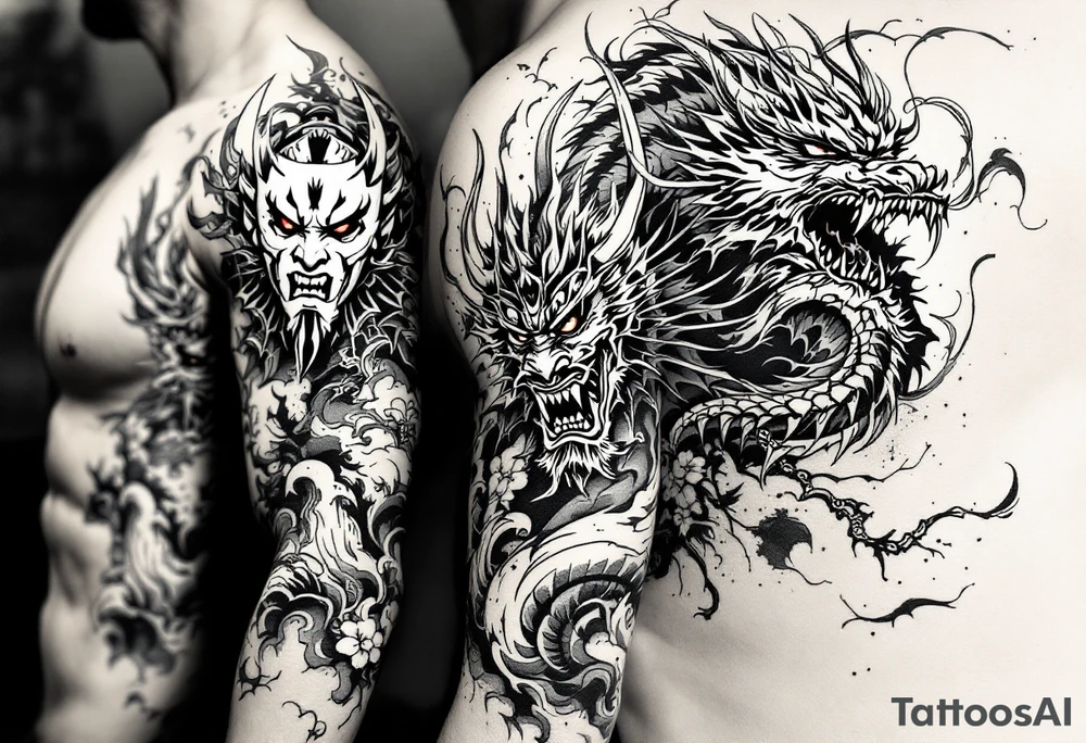 Japanese style with an oni mask, dragon and samurai warrior tattoo idea