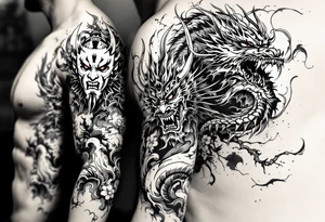 Japanese style with an oni mask, dragon and samurai warrior tattoo idea