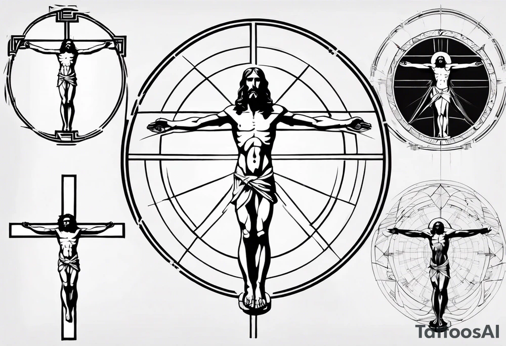Geometric Vitruvian man combined with Jesus on the cross tattoo idea
