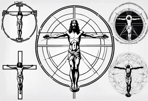 Geometric Vitruvian man combined with Jesus on the cross tattoo idea