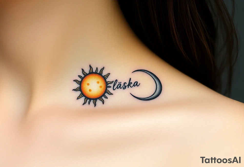 A moon-and-sun-themed infinity symbol, where one side features a golden sun and the other a silvery crescent moon, with the word "láska" written in between tattoo idea