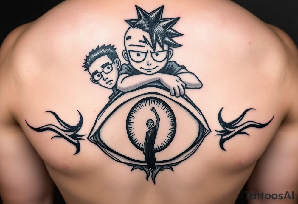 Boondocks Riley Freeman and Huey Freeman on top. in the middle itachi sharingan with one eye having Rick and Morty walking out of it, tattoo idea