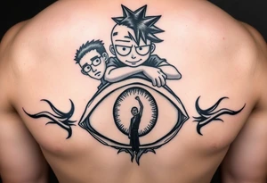 Boondocks Riley Freeman and Huey Freeman on top. in the middle itachi sharingan with one eye having Rick and Morty walking out of it, tattoo idea