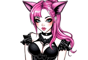 hot goth girl with puppy ears and with piercings on face and big boobs and big butt full body 
 with black outfit on with pink hair tattoo idea