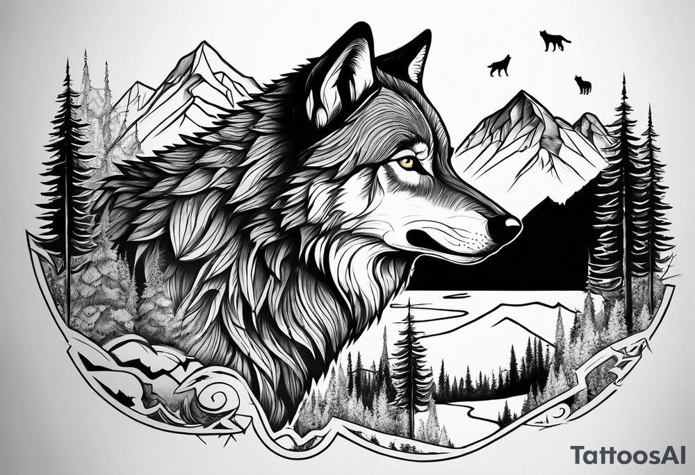 Mountains, wolf in it tattoo idea