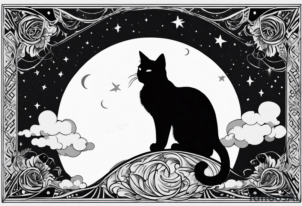 Shadow of a cat sitting on a crescent moon tattoo idea