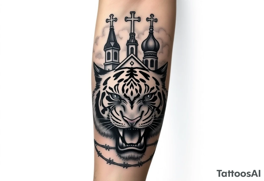 Mean looking tiger on the hand with barb wire at the bottom and then above the tiger do a traditional Russian Orthodox Church with the orthodox traditional cross as the spire in clouds then Virgin Mary above overlooking with hands together on heart tattoo idea