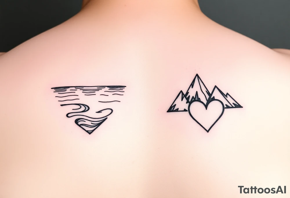 Small and simplistic milestone birthday couples tattoos, one with a water theme, one with a mountain theme and both having a heart. tattoo idea