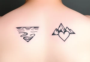 Small and simplistic milestone birthday couples tattoos, one with a water theme, one with a mountain theme and both having a heart. tattoo idea