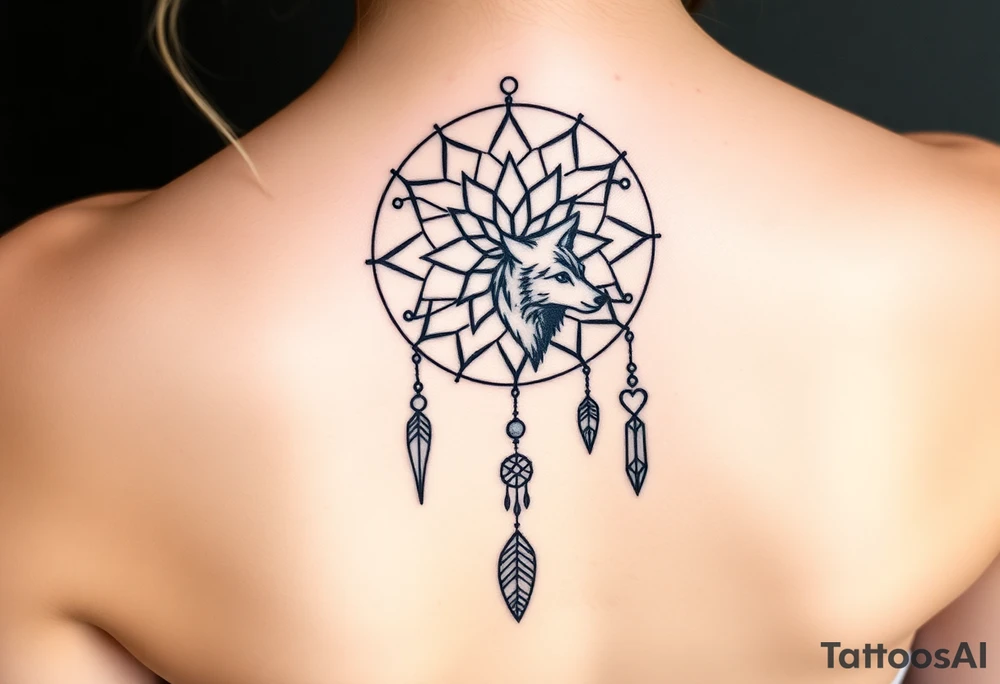 Dreamcatcher with zodiac symbols and protection runes caught in it with wolf teal tattoo idea