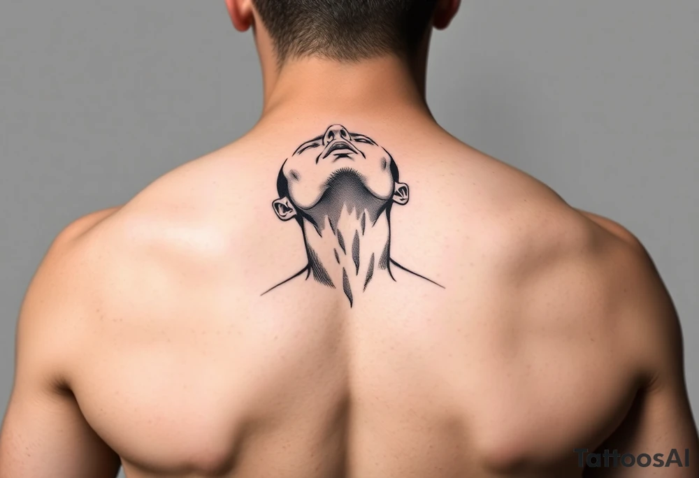 a naked man covered his eyes and mouth and looking up the sky for front arm tattoo idea