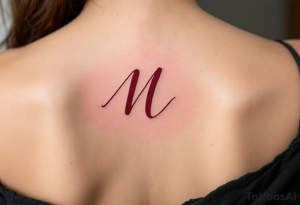 A brush-style "M" in burgundy red, looking bold and spontaneous. tattoo idea
