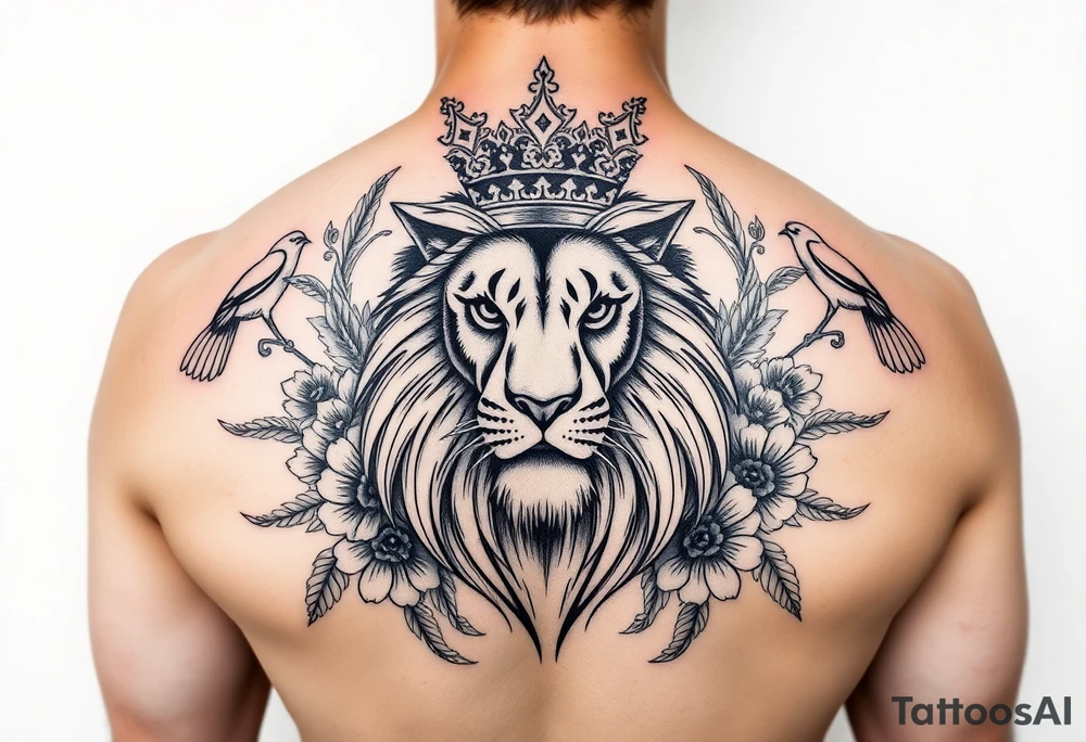 powerful majestic lion with a crown, surrounded by floral ornaments and birds tattoo idea