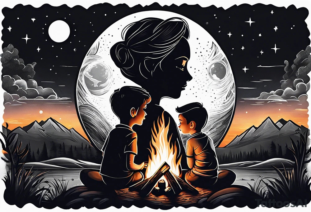Tattoo of a family of four on a male forearm 
- dad, mom and two boys around a campfire.  Background is a sunset at the bottom, night at the top with a big beautiful moon. tattoo idea
