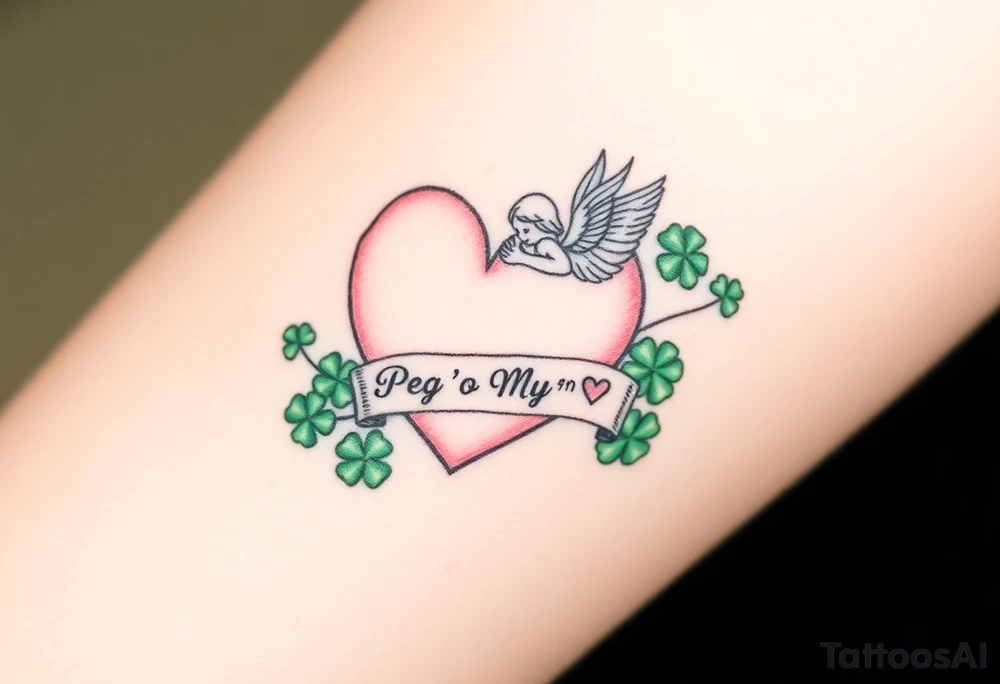 a big pale pink heart and an angel and a bunch of green shamrocks, with a banner across the heart that says Peg 'o My Heart tattoo idea