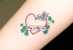a big pale pink heart and an angel and a bunch of green shamrocks, with a banner across the heart that says Peg 'o My Heart tattoo idea