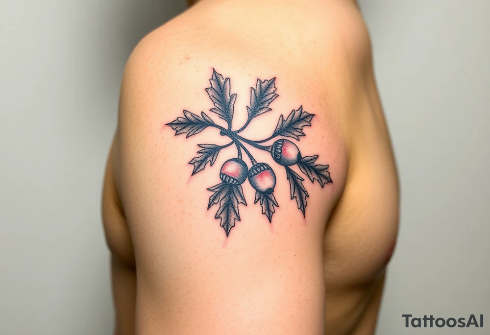 colored tattoo on the arm depicting an oak branch with acorns tattoo idea