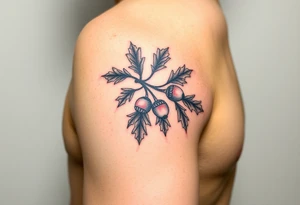 colored tattoo on the arm depicting an oak branch with acorns tattoo idea