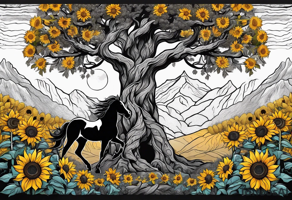 Yggdrasil tree, horse in front of it, and sunflowers tattoo idea