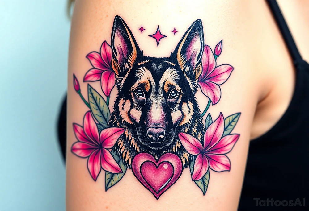 strong short haired german shepherd with alert ears surrounded by pink lilies with large leaves with a sacred heart below tattoo idea