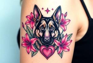 strong short haired german shepherd with alert ears surrounded by pink lilies with large leaves with a sacred heart below tattoo idea