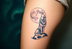 lone wolf howling at full moon with northern lights backdrop tattoo idea