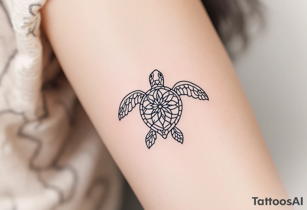 Minimalist fine-line sea turtle – A delicately outlined sea turtle in clean black ink, featuring simple, flowing lines with soft curve details on the shell and flippers. The shell is subtly patterned with geometric or mandala-style elements, creating a calm, elegant, and peaceful ocean-inspired design. tattoo idea