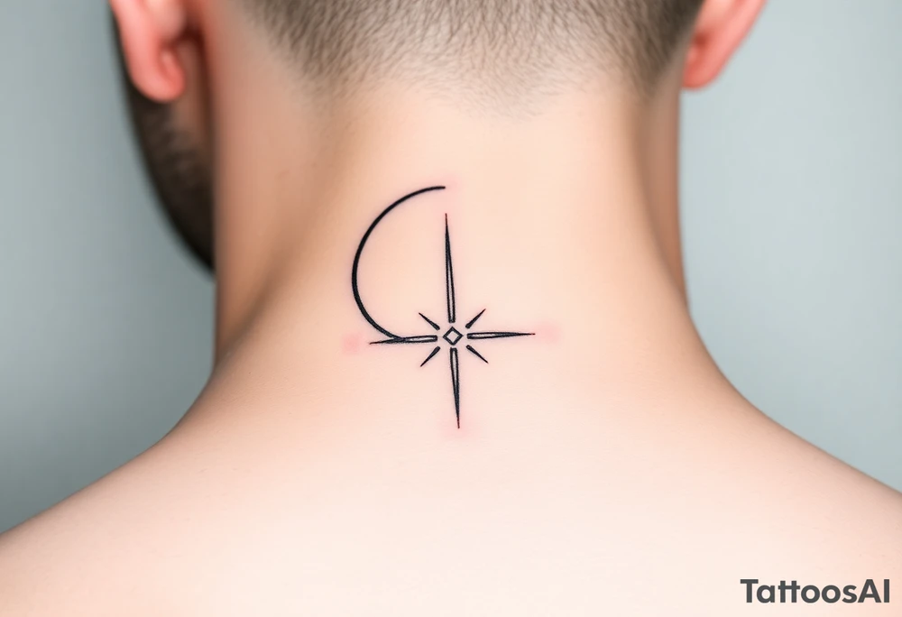 A minimalist crescent moon neck tattoo positioned just behind the ear. The crescent moon is thin and curves to the left. A sharp vertical line extends downward from the inner curve of the moon, intersecting with a symmetrical starburst shape at the center of the line. The starburst has four points — the top and bottom points are elongated, while the horizontal points are shorter, giving it a sleek and modern look. The design features clean, thin lines with a slightly hand-drawn feel, combining celestial and geometric elements. The tattoo follows the natural curve of the neck, giving it an elegant and balanced appearance. tattoo idea