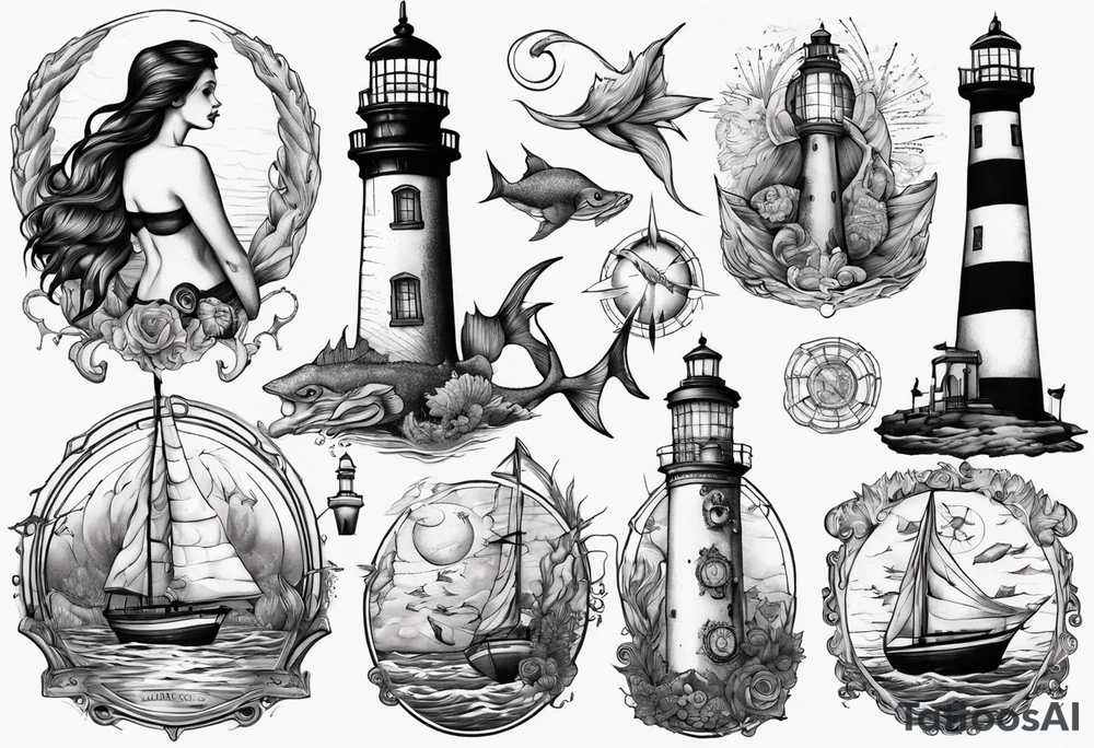 Mermaid looking at lighthouse tattoo idea