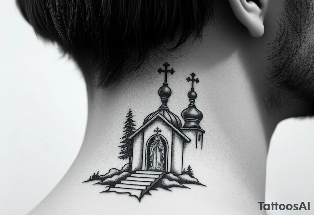 russian design traditional christian orthodox cross with a virgin mary stood beside the entrance of a russian orthodox dome church on the side of the neck in a wilderness setting with the design spread out the side of the neck tattoo idea