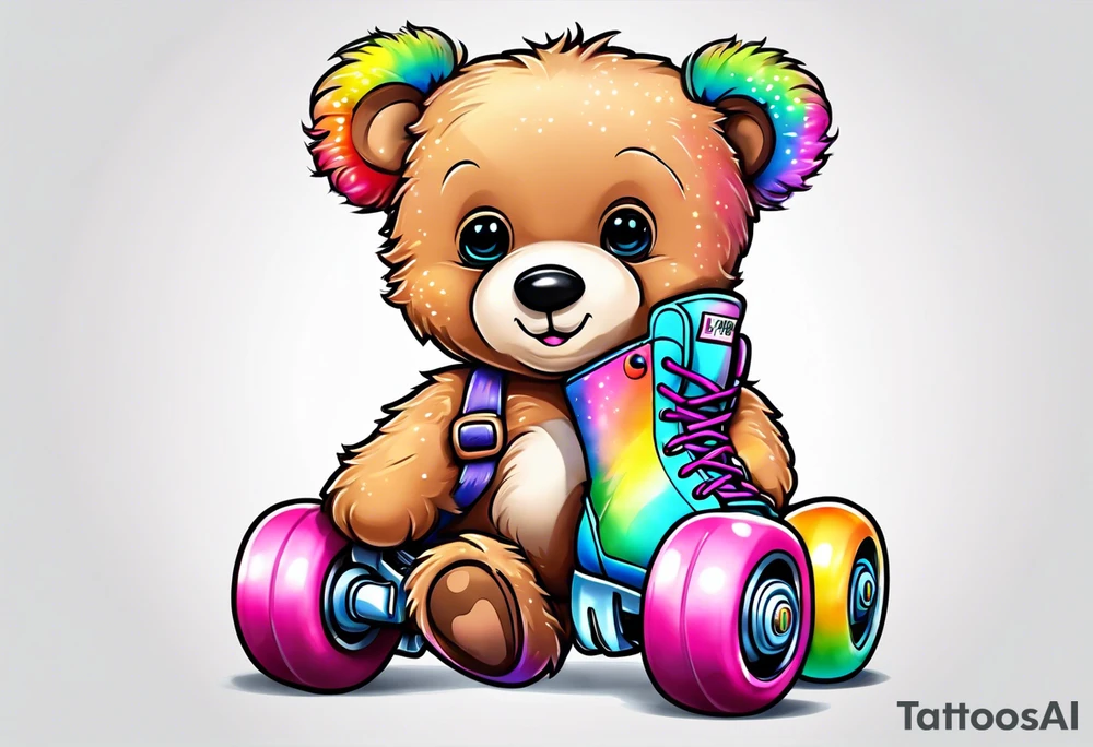 a teddy bear, wearing cute, pastel rainbow rollerskates tattoo idea