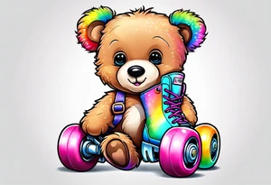 a teddy bear, wearing cute, pastel rainbow rollerskates tattoo idea