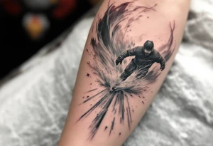 Skating Into the Storm
Tattoo of a player skating straight ahead into swirling snow and wind. Long trailing shadows, uniform in solid gray and matte red. tattoo idea