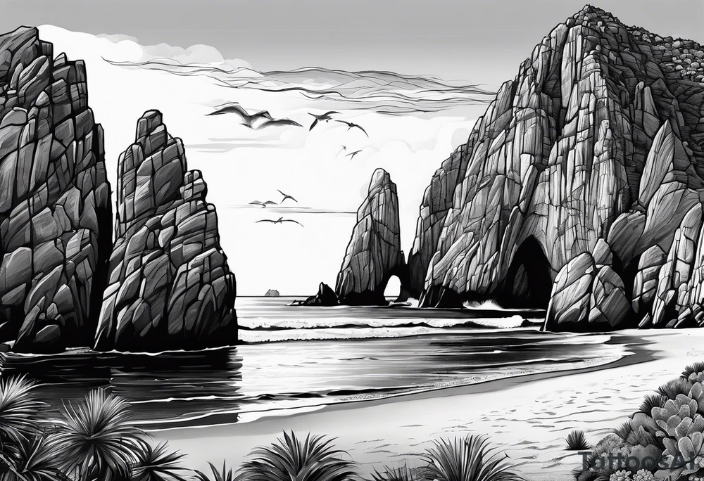 Cabo San Lucas beach with the famous rock formation overlooking ocean tattoo idea