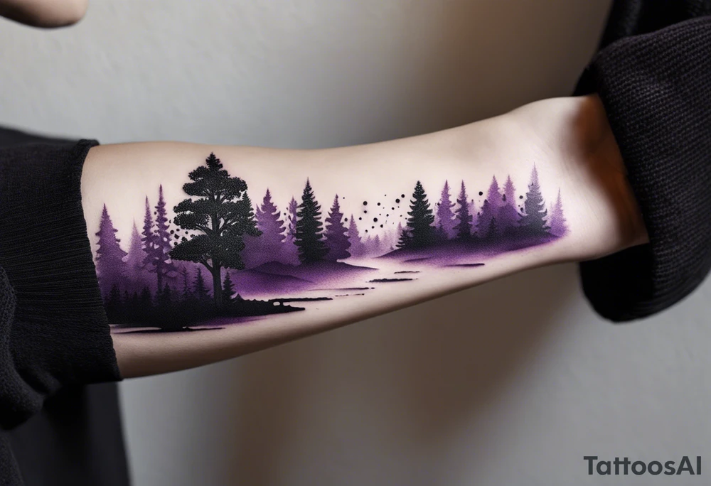 forest, purple and black, covered from wrist to forearm, fully covered, no borders, blackwork tattoo idea