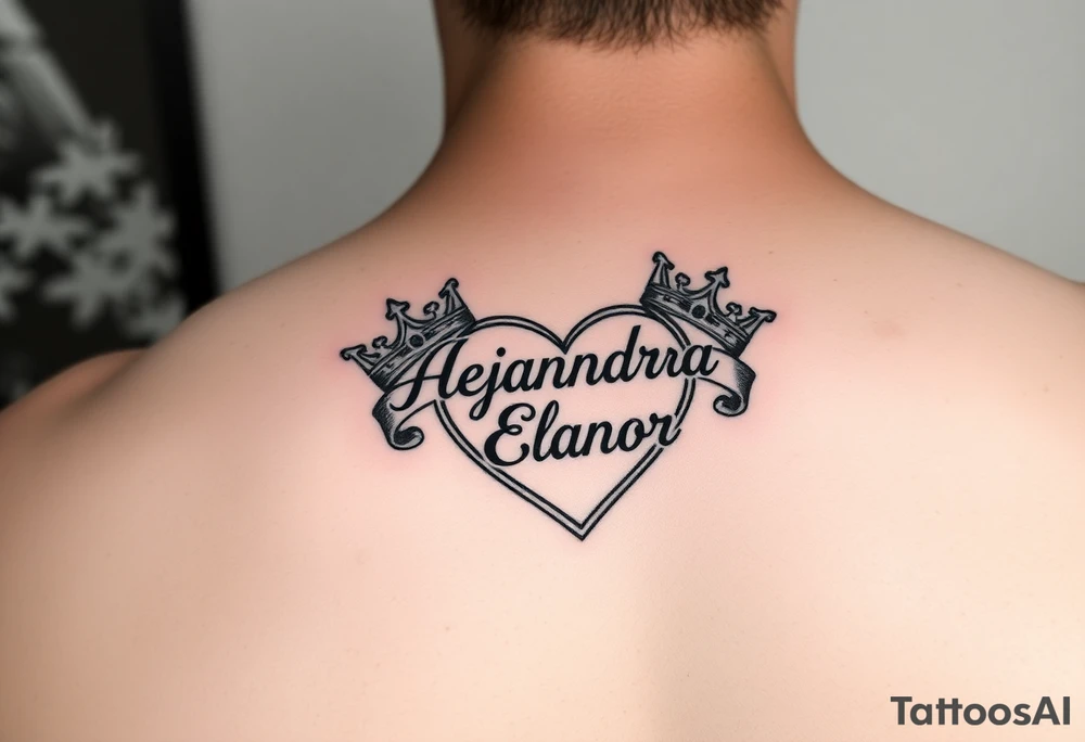 the name Alejandra and Eleanor in a heart with crowns tattoo idea