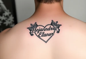 the name Alejandra and Eleanor in a heart with crowns tattoo idea
