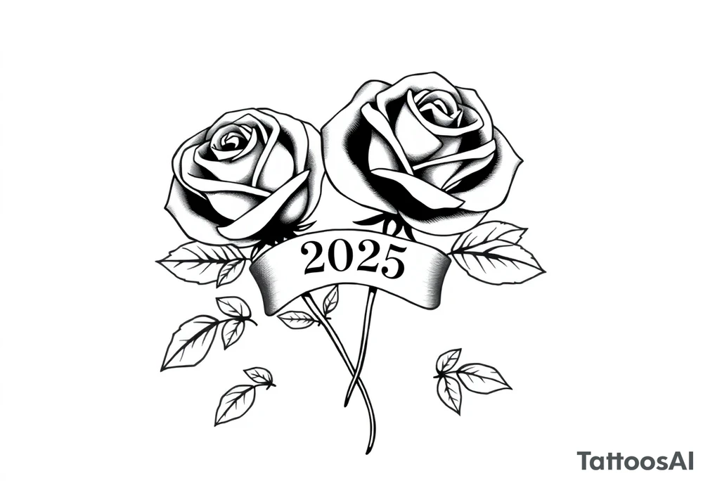 two beautiful large rose buds, one larger than the other, with many leaves next to the rose buds, with one sitting higher than the other. Include a banner connecting the two roses with the year 2025 on it.   Use dark outlines with little shading. The two stems should be short, not long, and connect and join into one stem, whimsically curved or twisted - not straight down. tattoo idea